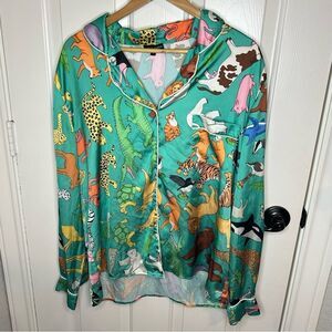 Karen Mabon Turquoise Animal Novelty Print Button Down Pj Top Sz L Boho Indie